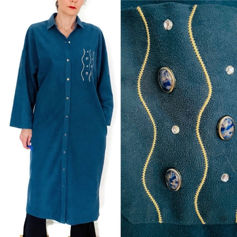 90s Teal Ultrasuede Shirt Dress / Duster with Jeweled Pocket Fits Small-Large